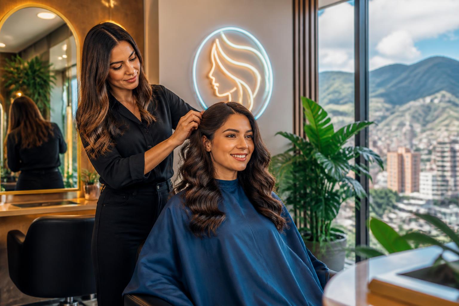 Estilista realizando un peinado profesional a una clienta en un salón de belleza de Bogotá